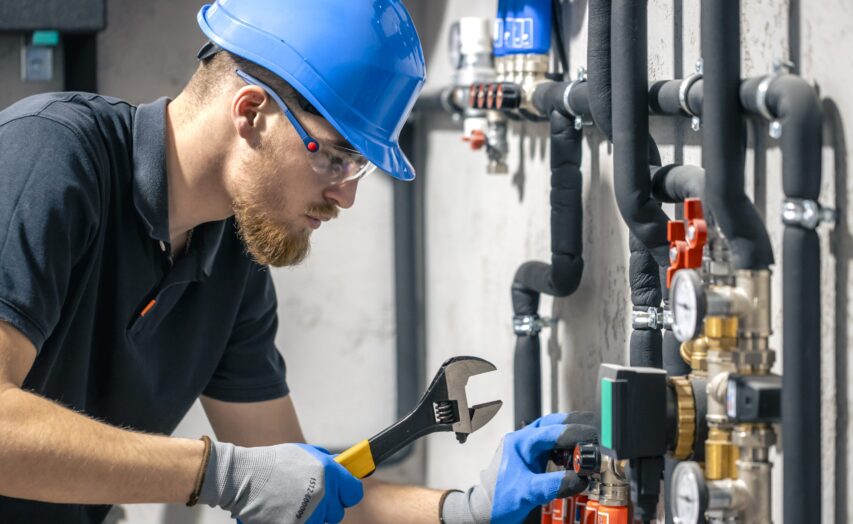 A man installs a heating system in a house and checks the pipes with a wrench. Adjusting heating valves in a residential building. A plumbing and heating technician works.