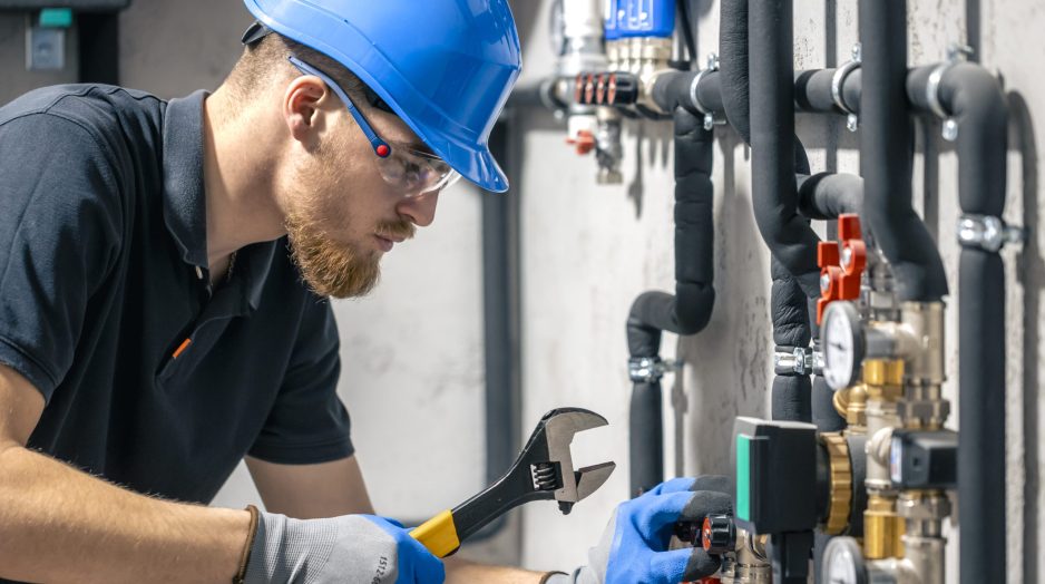A man installs a heating system in a house and checks the pipes with a wrench. Adjusting heating valves in a residential building. A plumbing and heating technician works.