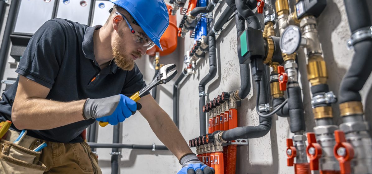 The technician checking the heating system in the boiler room. Adjusting heating valves in a residential building. A plumbing and heating technician works.