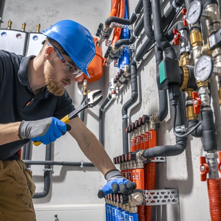 The technician checking the heating system in the boiler room. Adjusting heating valves in a residential building. A plumbing and heating technician works.