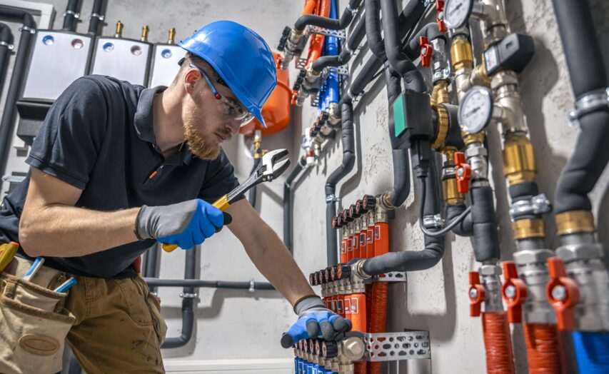 The technician checking the heating system in the boiler room. Adjusting heating valves in a residential building. A plumbing and heating technician works.